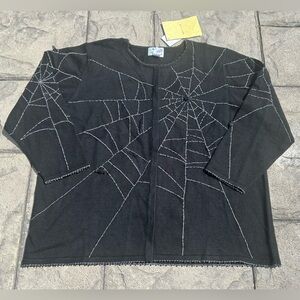 Deadstock vintage Quacker Factory black beaded spider spiderweb cardigan novelty